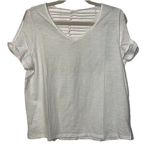She + Sky White Burnout T-shirt With Slit Sleeves and Cutout Braided Back Sz Med